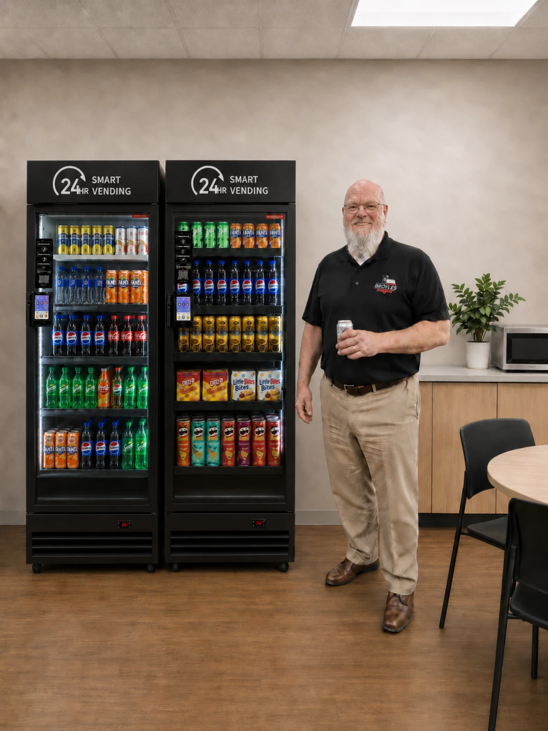 Chris Broyles, owner of Broyles Vending, standing beside smart vending coolers in a breakroom