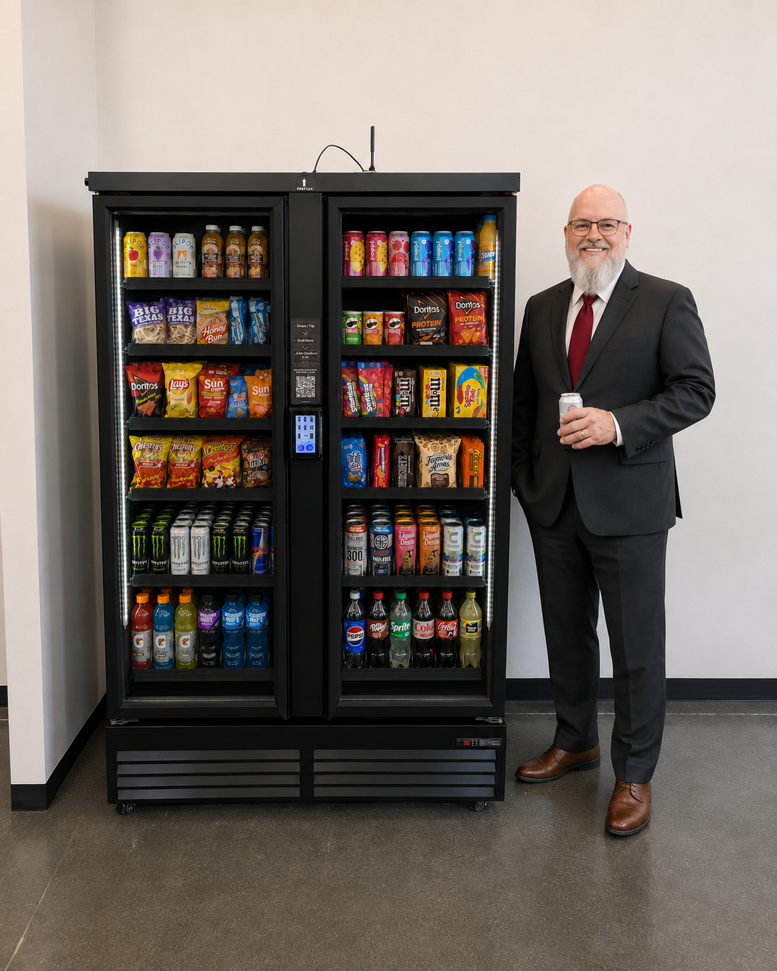 Chris Broyles, owner of Broyles Vending, standing beside an Ultra 1200 AI smart cooler at a customer installation