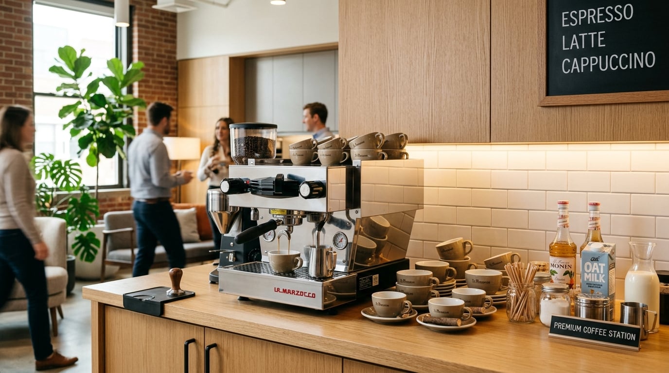 Premium coffee service station in a modern office break room