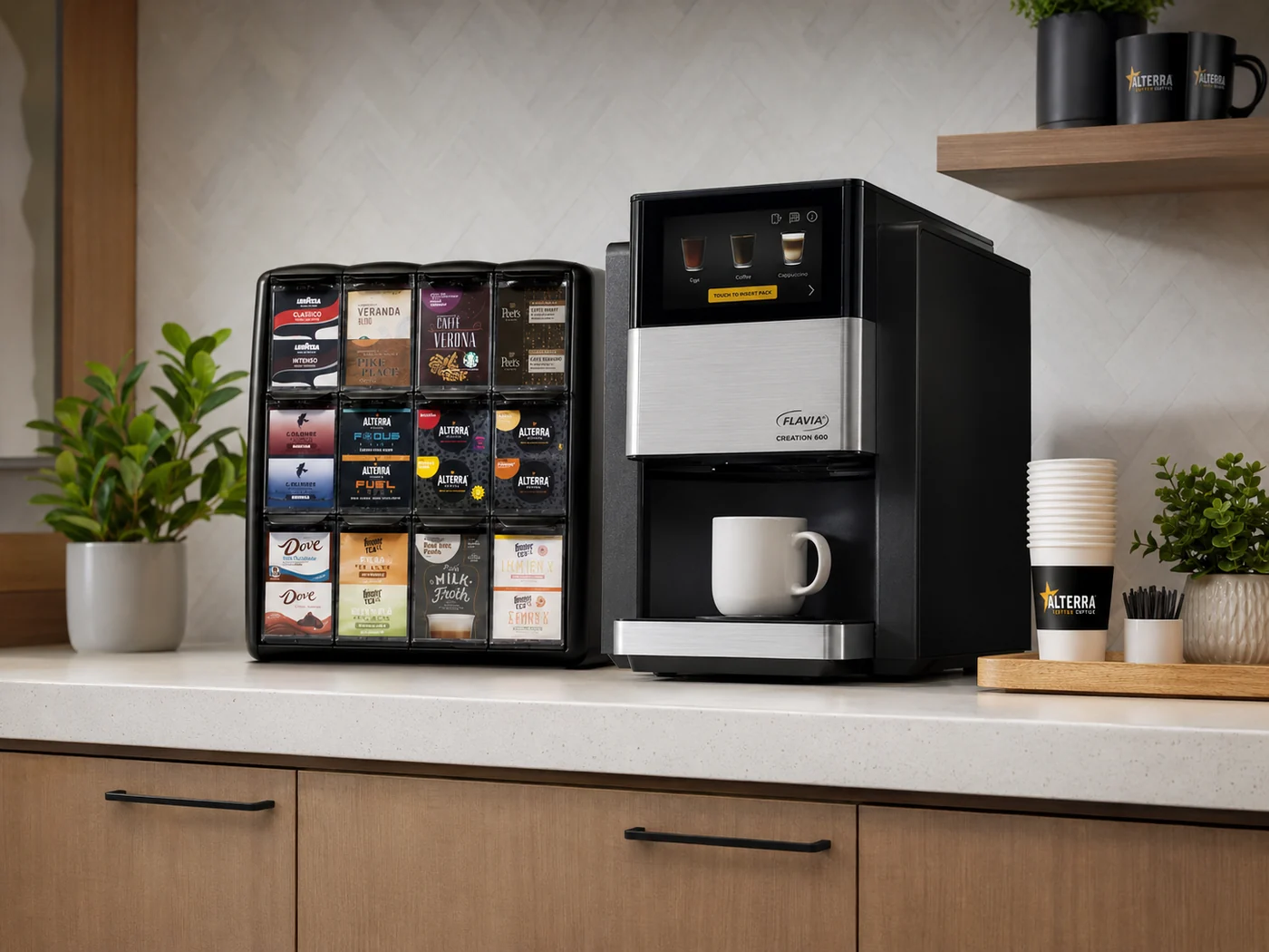 Premium office coffee station with Flavia Creation 600 style brewer and packet display
