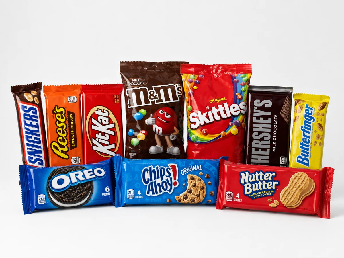 Representative assortment of full-size candy and individually packaged cookies