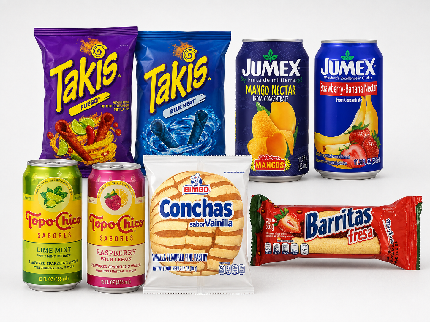 Representative assortment of Latino drinks, snacks, and pastries including Takis, Jumex, Topo Chico, conchas, and Barritas available from Broyles Vending