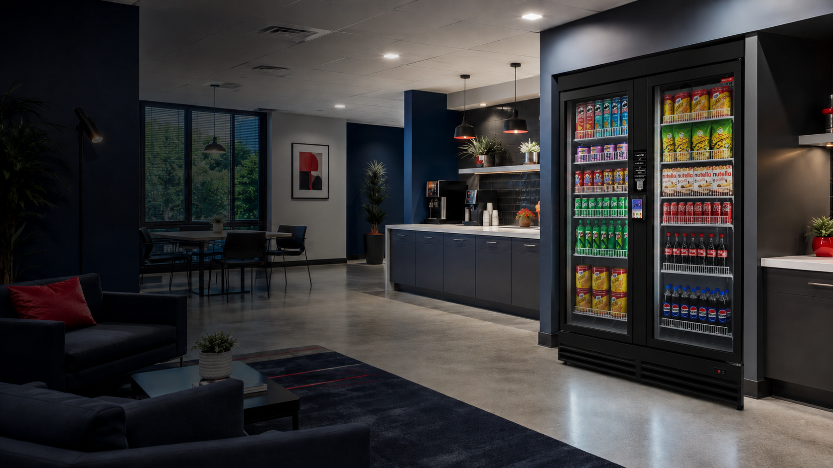 Modern office break room with AI smart cooler vending machine