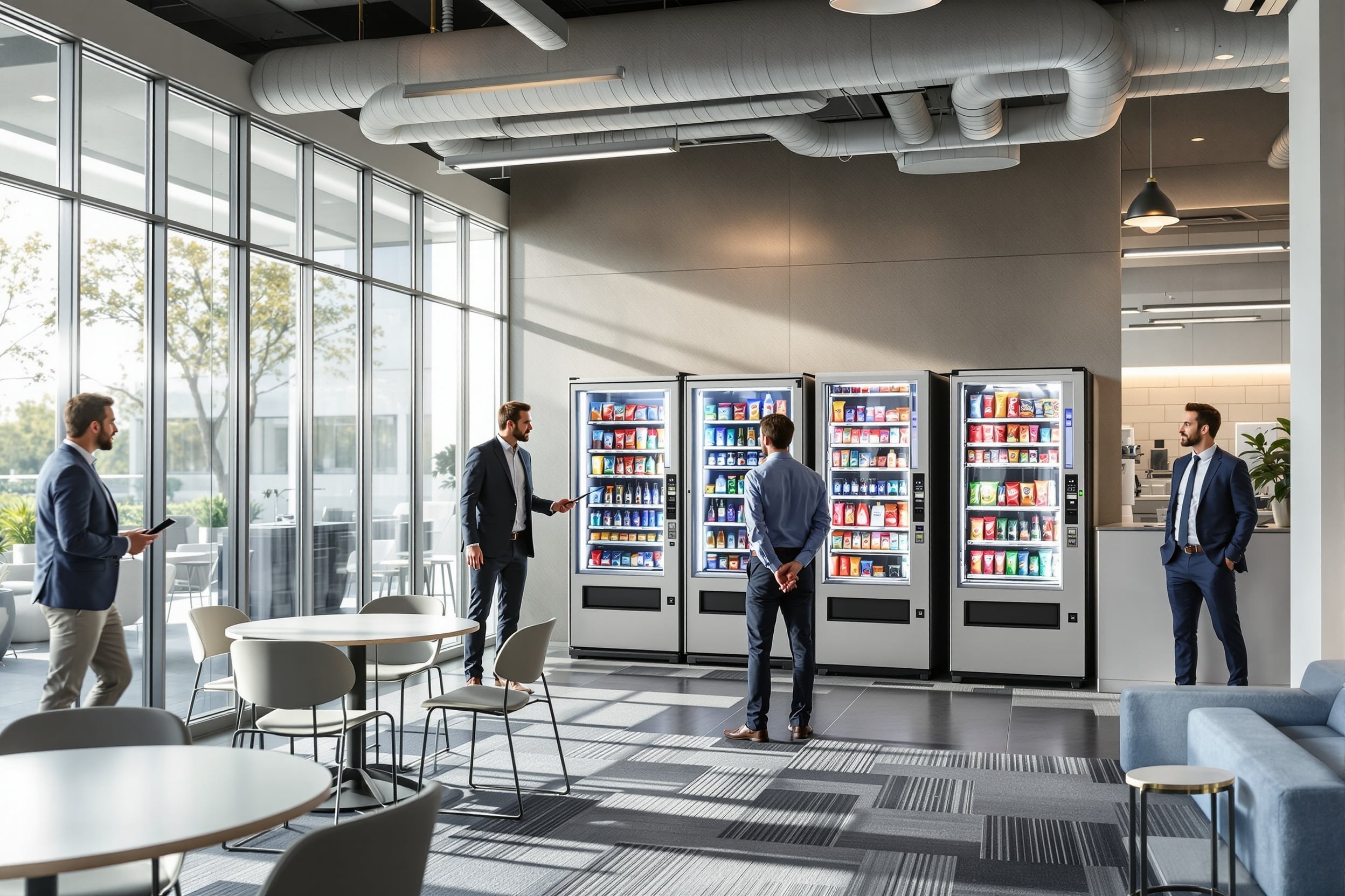 Diverse office professionals enjoying Broyles Vending machines in Texas workplace