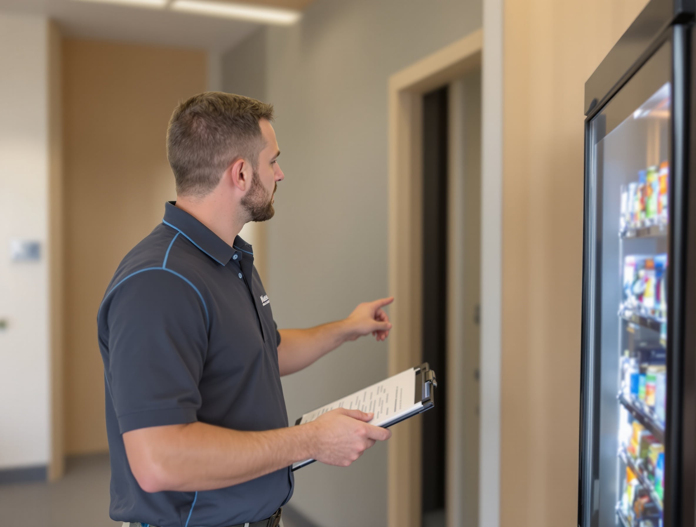 Business owner consulting with Broyles Vending team to check availabilit