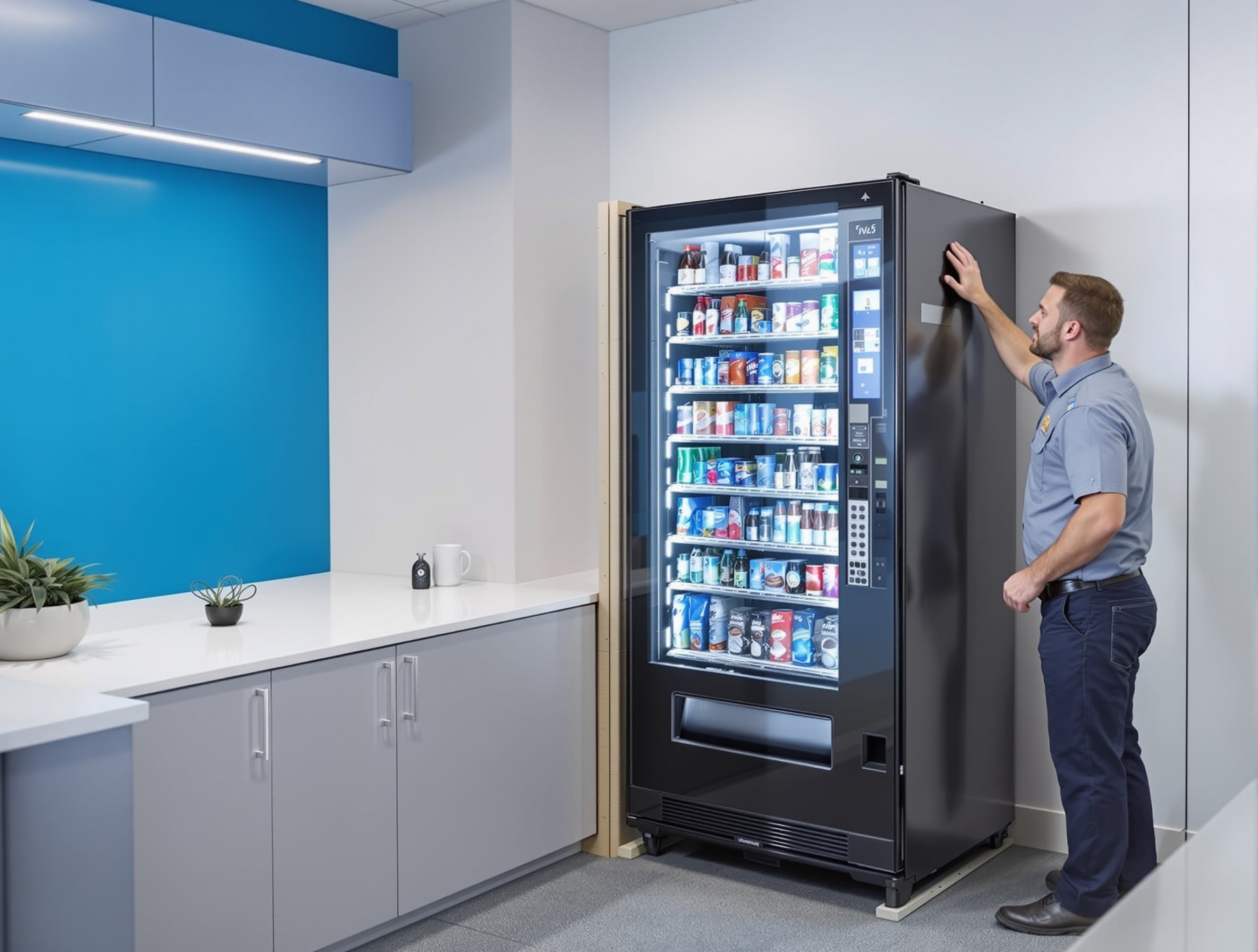 Professional installation of Broyles vending machine in breakroom