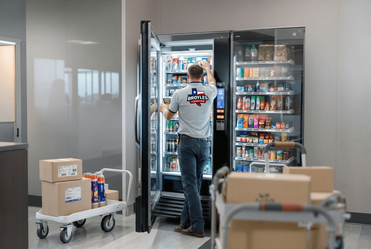Broyles Vending technician restocking and maintaining vending machine